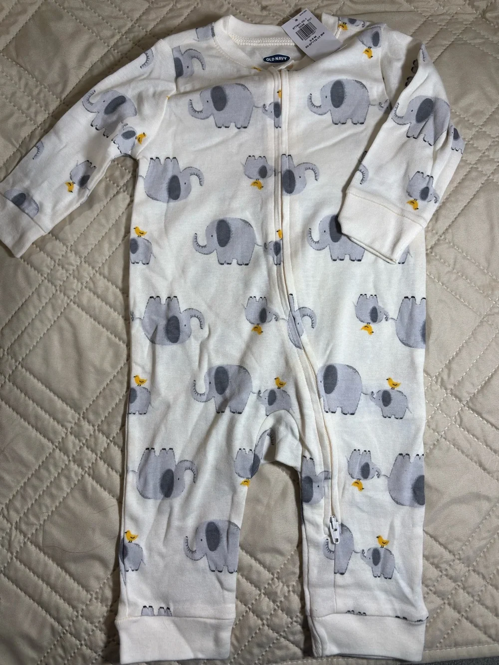 Old Navy Cream One-Piece with Gray Elephant & Yellow Bird Print